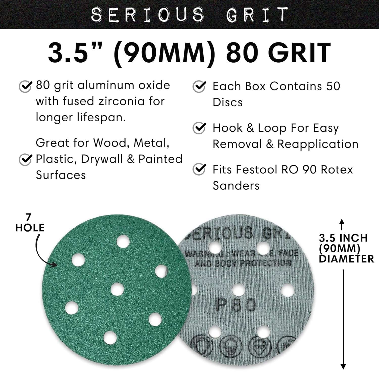 3.5-Inch (90mm) 7-Hole 80 Grit Sanding Discs - Fits Festool Rotex RO 90 - Heavy-Duty Hook & Loop Film Discs - Sandpaper for Random Orbital Sanders - 50 Pack Box