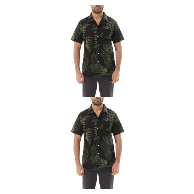 Guardurnaity Camisa de playa hawaiana Solapa Manga corta Hoja tropical clásica Secado rápido Estilo vintage Camiseta Viaje al aire libre Negro METRO 2piezas
