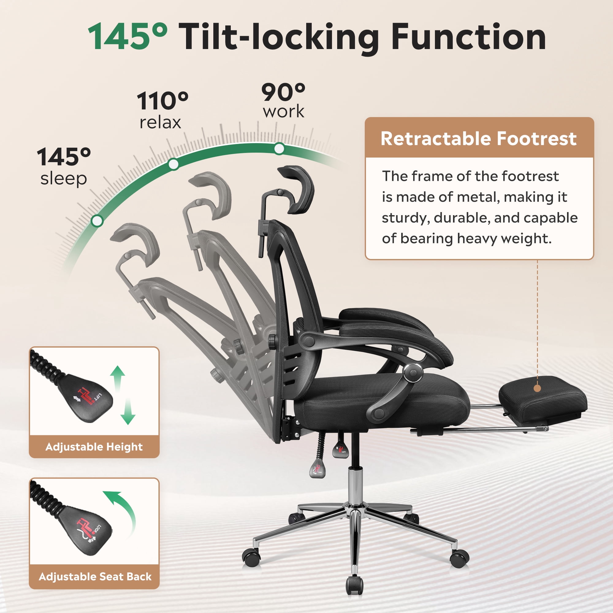 GALAXHERO Ergonomic Big and Tall Office Chair, Mesh Desk Chair with Adjustable Lumbar Support & Footrest, Reclining High Back, SGS Class 4 Gas Lift, for Office & Gaming, Black
