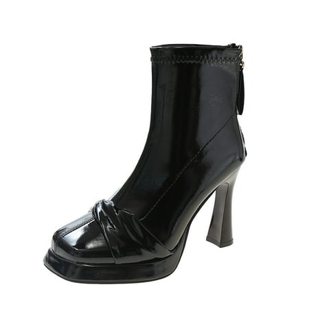 

KBKYBUYZ Womens Comfy Solid Boots Zipper Women Square Head High Heel Boots Shoes