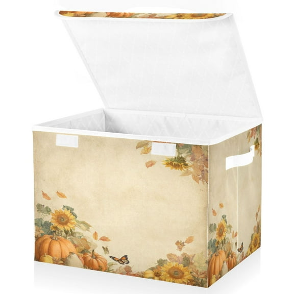 Wobogo Pumpkin Fall Large Collapsible Storage Box Flip Lid Fabric Decorative Organizer Container Basket with Handles 16.5×12.6×11.8in