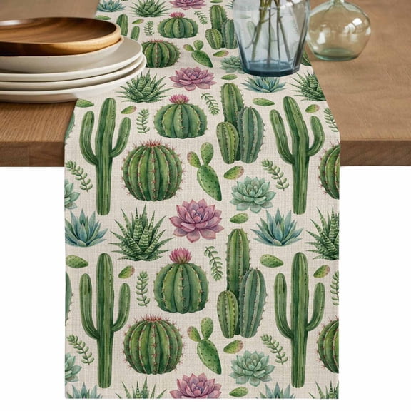 Cactus Summer Table Runner 48 Inches, Watercolor Tropical Botanical Linen Texture Bed Runner Dresser Scarves Tabletop for Indoor Outdoor Parties/Ceremony/Banquet, 13" x 48"