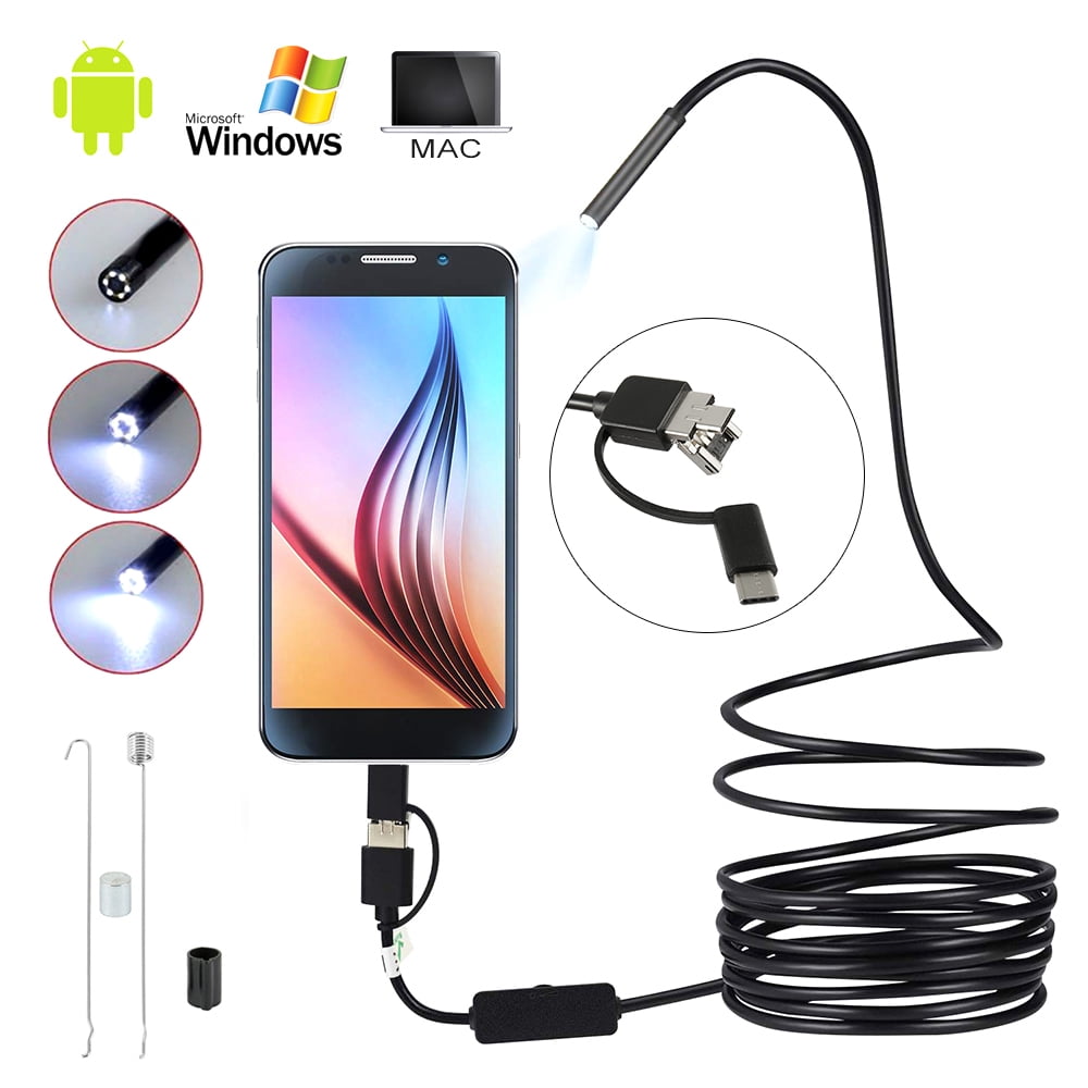 HUACAI USB Endoscope 3in1 Semi-Rigid IP67 Waterproof with 6 Adjustable LED Lights Megapixels HD Snake Camera for Android OTG Smartphone and Windows Mac Book Computer 
