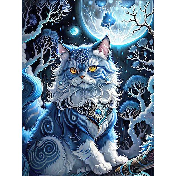 Pintura de diamante 5D Wdftyju DIY taladro redondo completo gema gato bajo la luna 30x40cm
