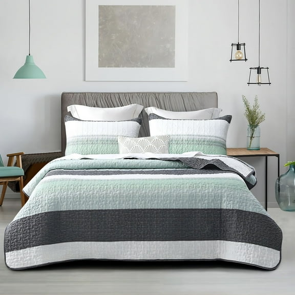 SLEEPBELLA Striped Quilt Set Queen Size 3Pcs, Bohemian Design with White & Mint Green & Blue & Grey Stripes, All Season Lightweight Coverlet Sets(Queen 90x96,Mint Green)