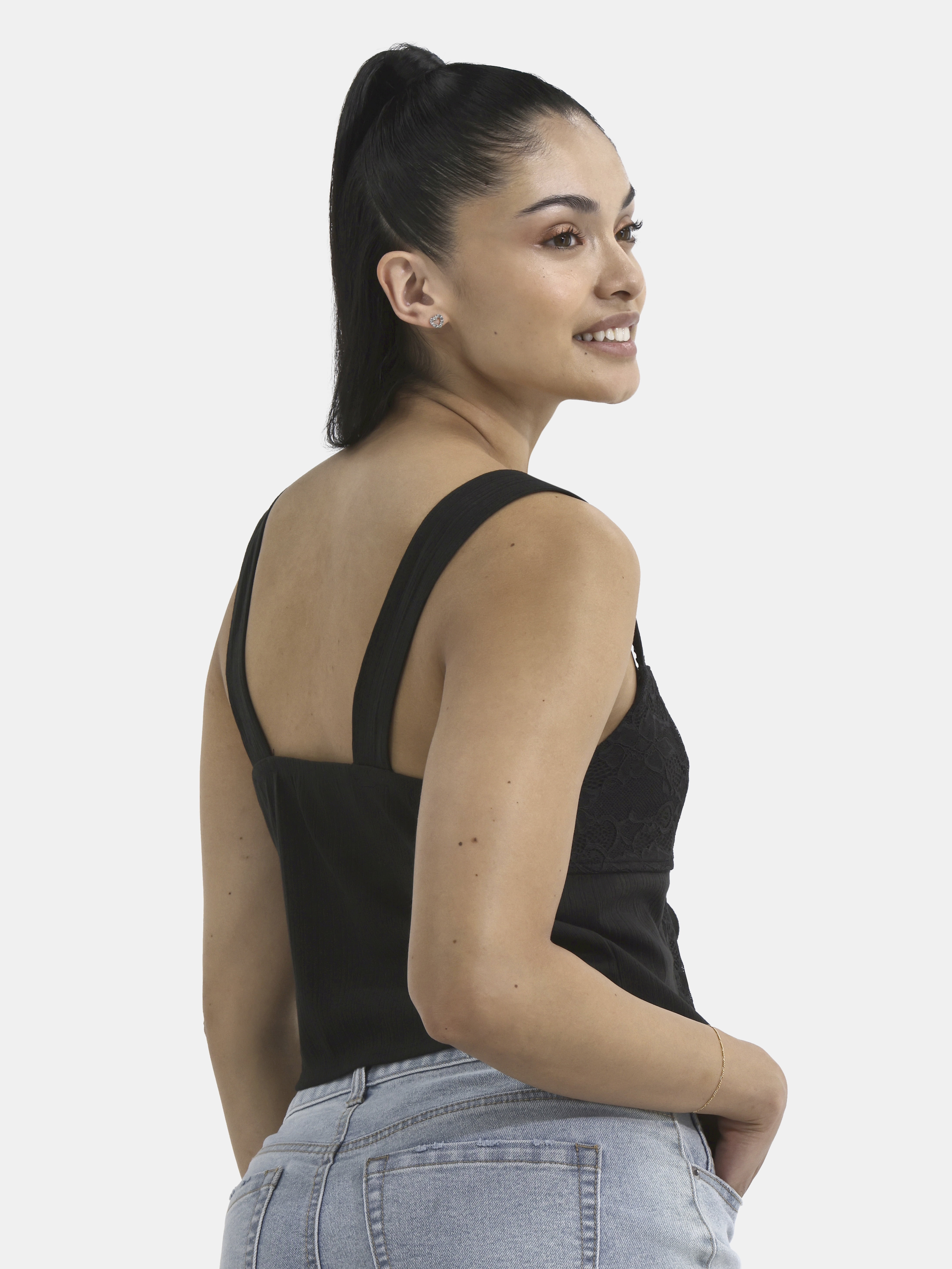 No Boundaries Flyaway Tie-Front Top with Scallop Lace Trim, Women's