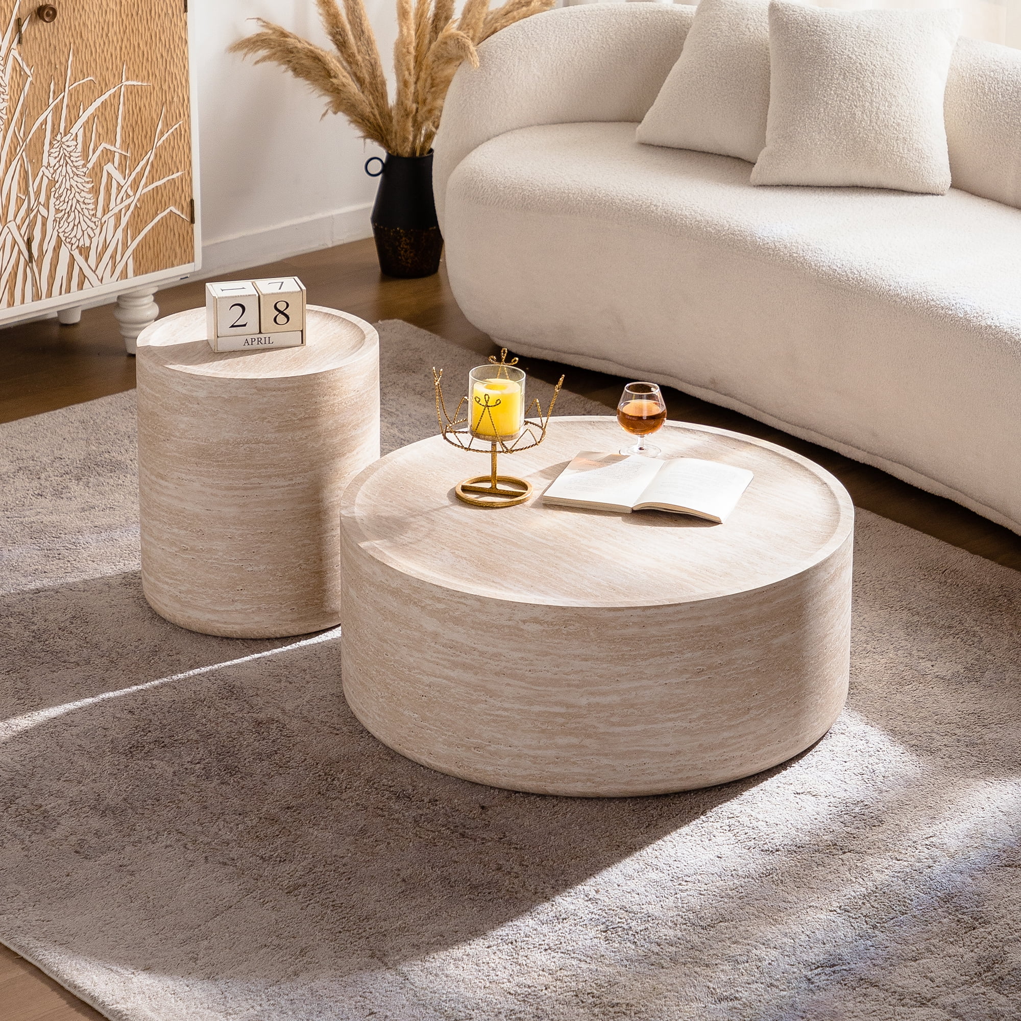 Leumius Round Coffee Table for Living Room, Modern Drum Circle Coffee Table for Bedroom, No Need Assembly Amber 2