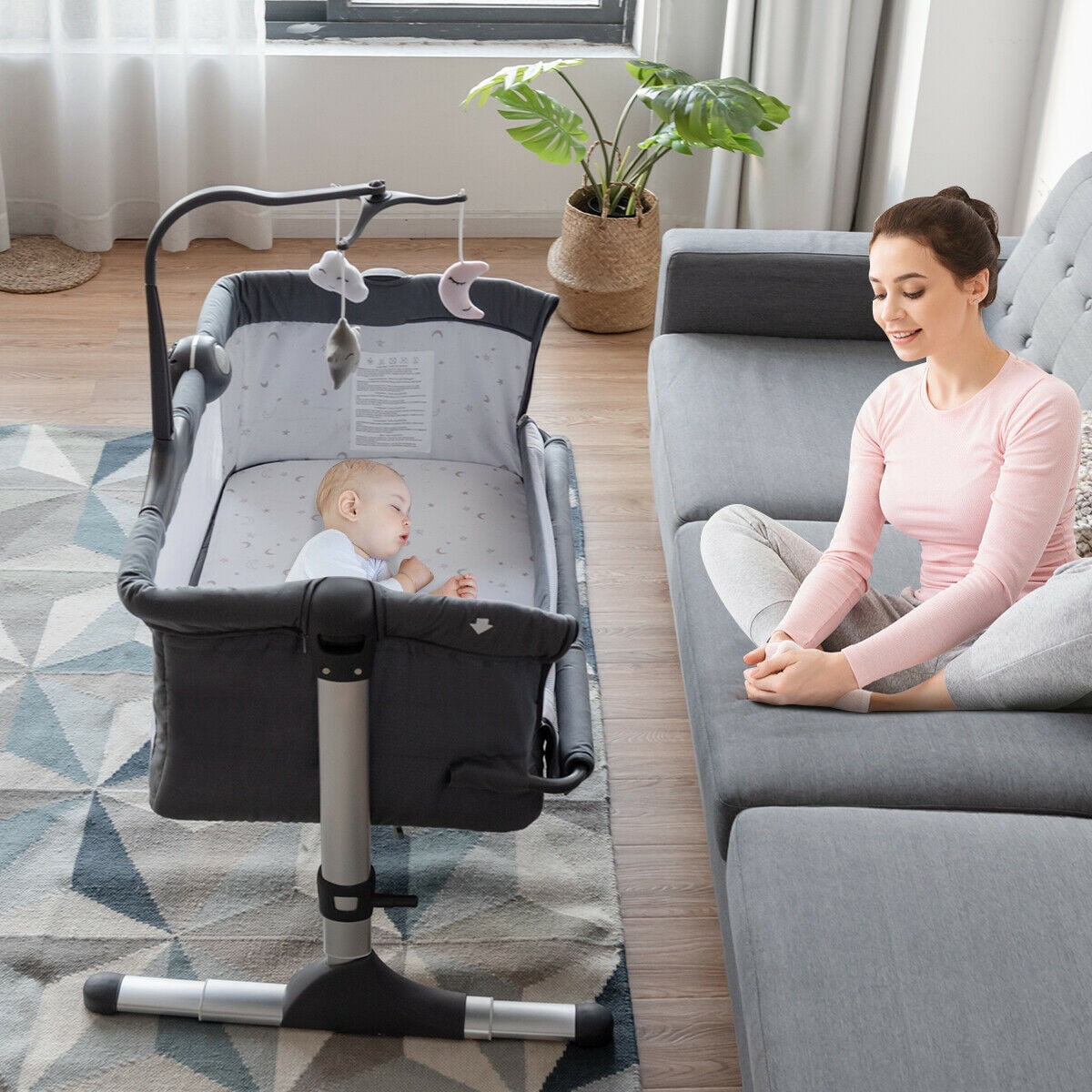 Gymax Height Adjustable Portable Baby Bed Side Crib W/ Music Box & Toys Dark Grey
