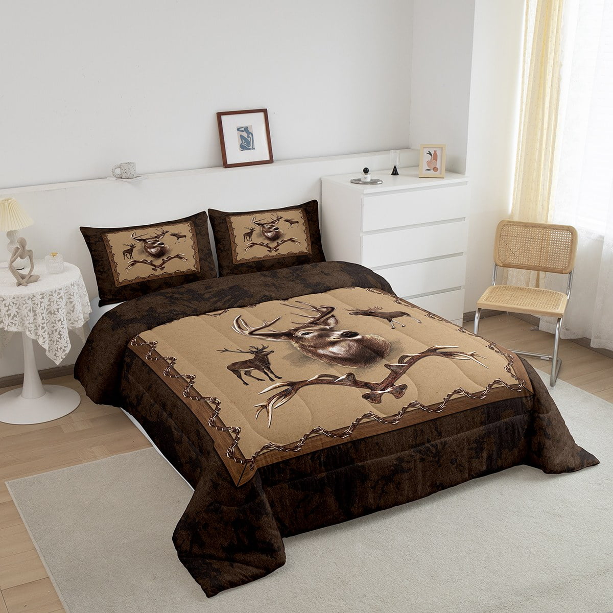 Erosebridal Farmhouse Deer Comforter Sets Southwestern Bedding Set Full Size Rustic Hunting Animal Quilt Moose Deer Down Comforter with 2 Pillow Sham Bedroom Decor