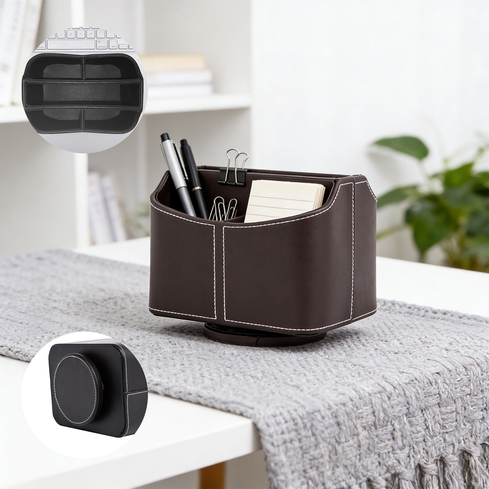 Leodye 1PCS Rotating Leather Desk Organizer, Multi-functional Pen and Remote Holder, Desktop Storage Box for Home office Desk Accessories -7.48*6.1*5.31in