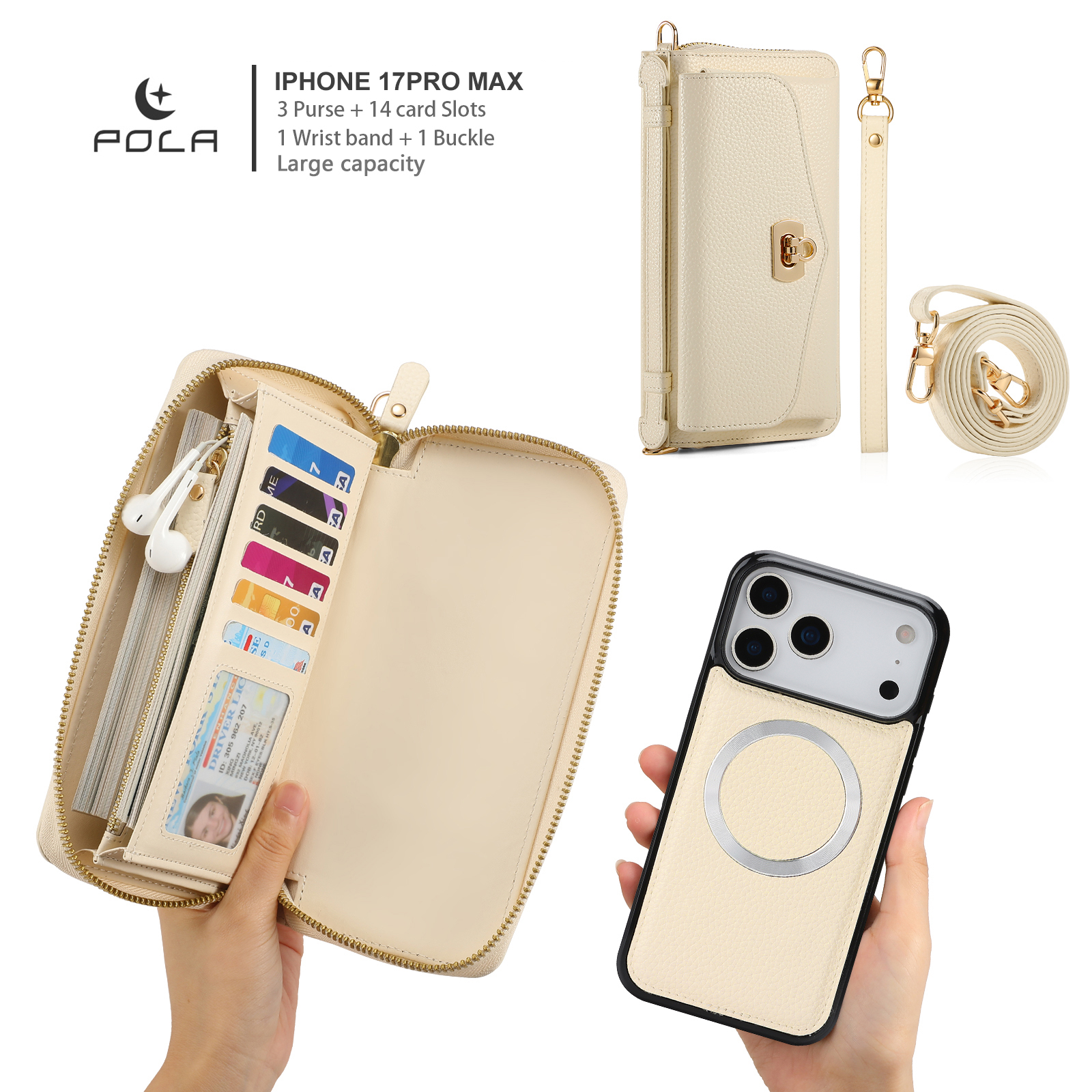 Dteck Crossbody Wallet Case for iPhone 17 Pro Max, Magnetic Detachable Floral PU Leather Phone Case with RFID Blocking Card Holder Wristlet Mirror Flip Zipper Shoulder Purse Bag for Women, Beige