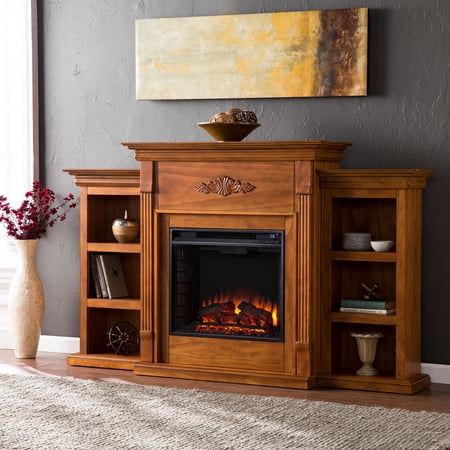 Sei Griffin Soft traditional style Electric Fireplace with Bookcases in Glazed pine finish