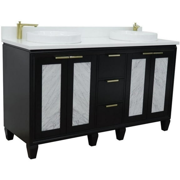 Trento 61" Double Round Sink Solid Wood Vanity in Blue/White Quartz Stone