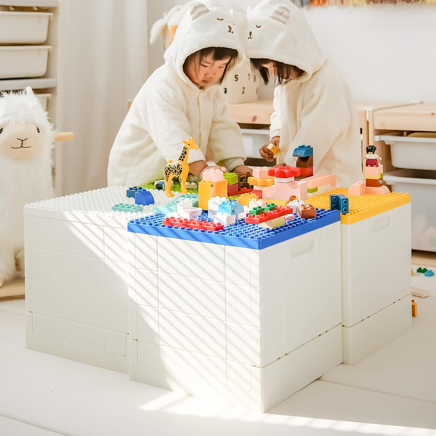 Folding Storage Box with Building Lid for Duplo Blocks, 26 Qt. Foldable Toy Container, 25L Collapsible Storage Bin with Building Baseplate for Lego Bricks, Blue