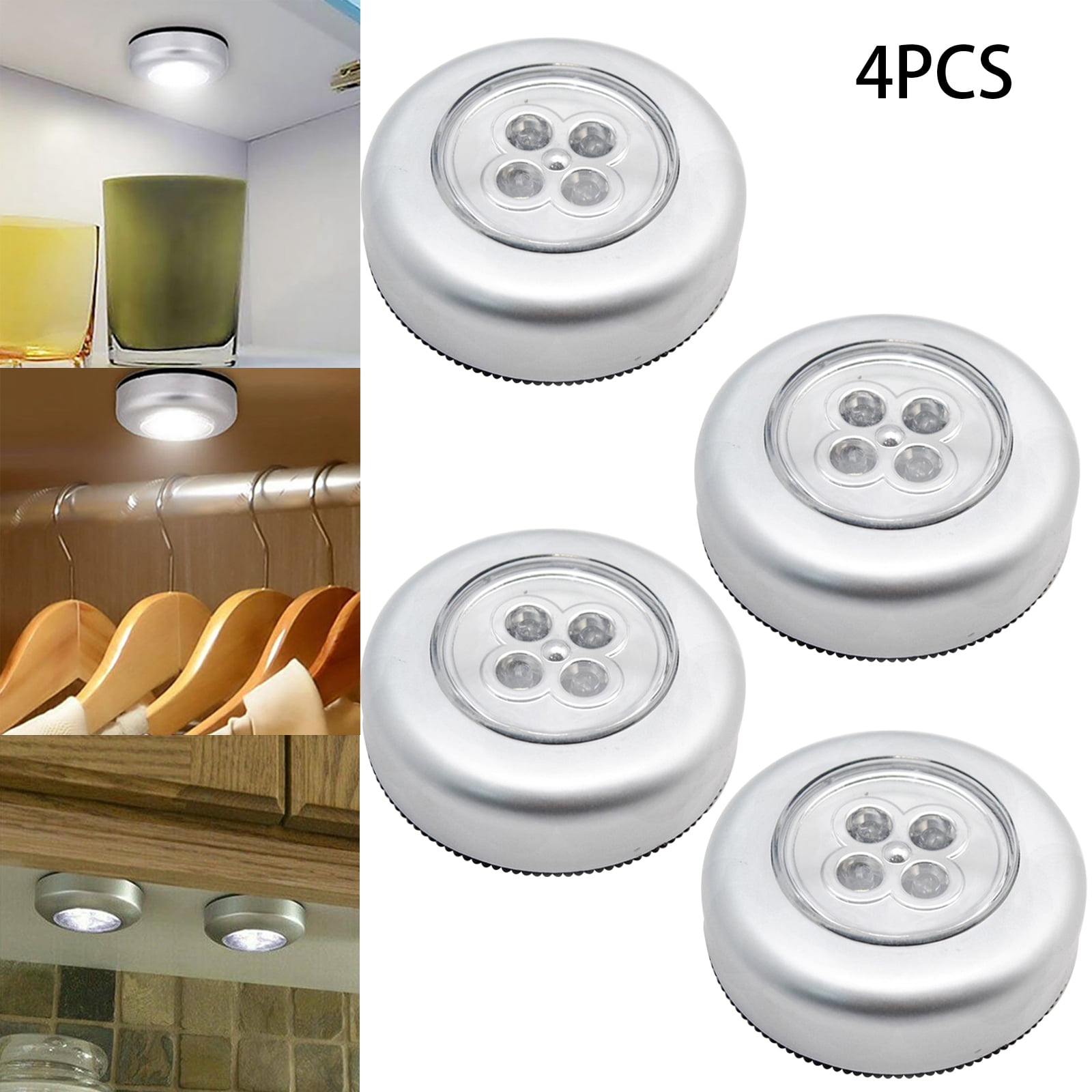Portable LED BatteryPowered Push Light,4Pcs StickOn Wireless Touch