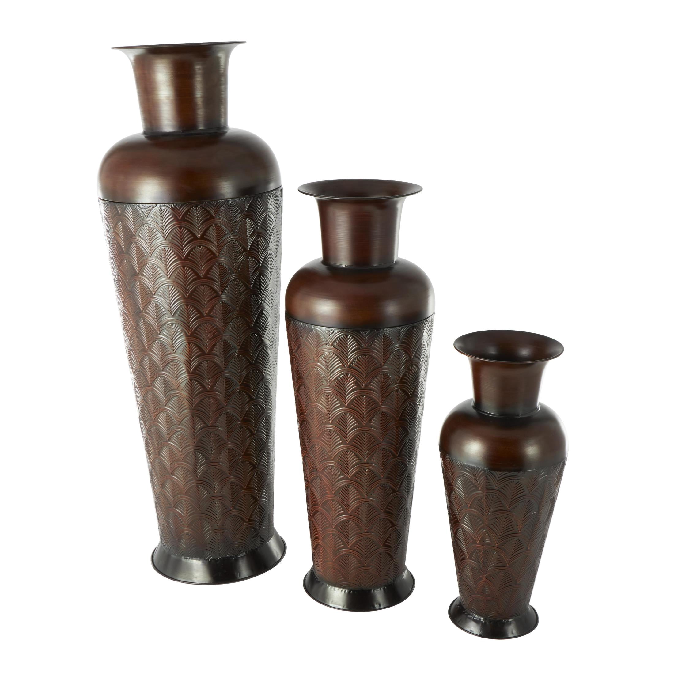 DecMode 53", 40", 27"H Geometric Tall Tapered Floor Dark Brown Metal Vase with Brown Trumpet Tops, Set of 3
