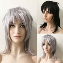 nevermindyrhead Gray Mullet Wig, Shoulder Length Straight Rocker Punk Fancy Party Wig with Fringe Bangs