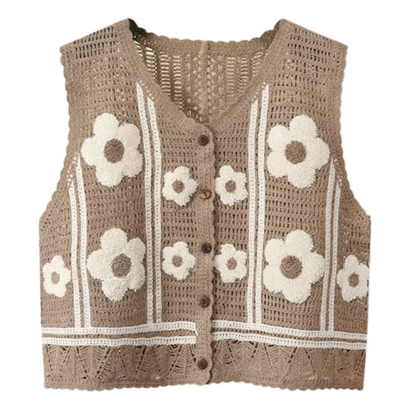 Yokua Women Crochet Knitted Florals Sleeveless Vest Cardigan Button Crop Top Sweater