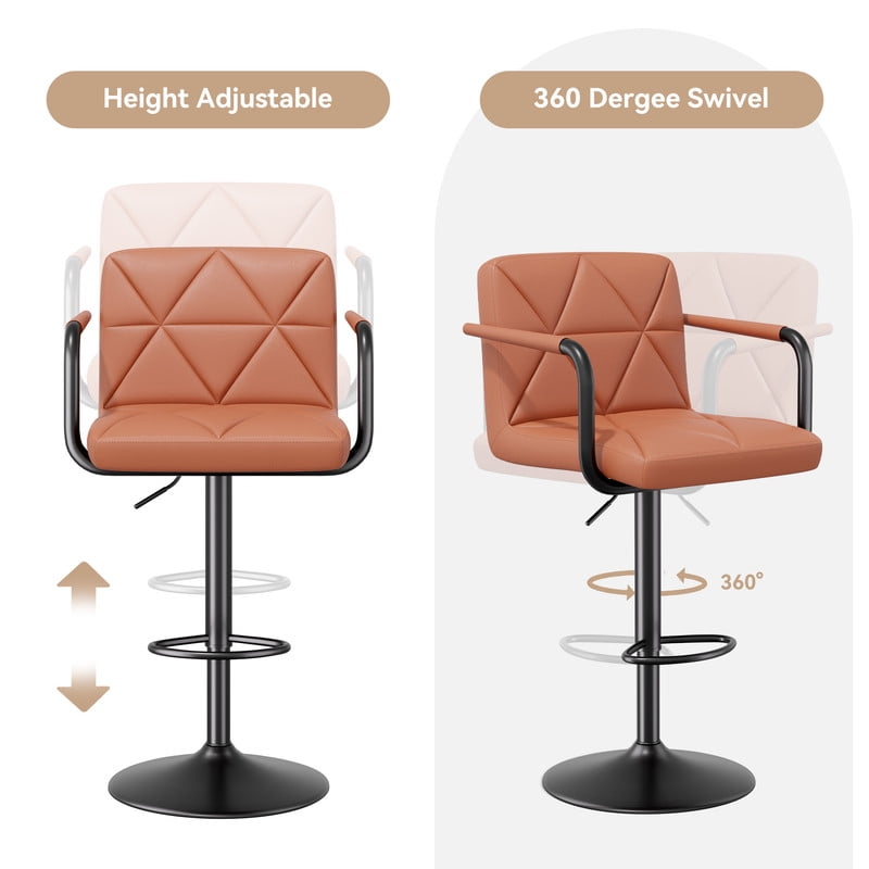 Hawsaiy Modern Bar Stools Set of 2, PU Leather Adjustable Swivel Bar Chairs with Armrests and Back, Hydraulic Counter Height Stools with Footrest for Kitchen Island, Dining Room, Bar, Umber