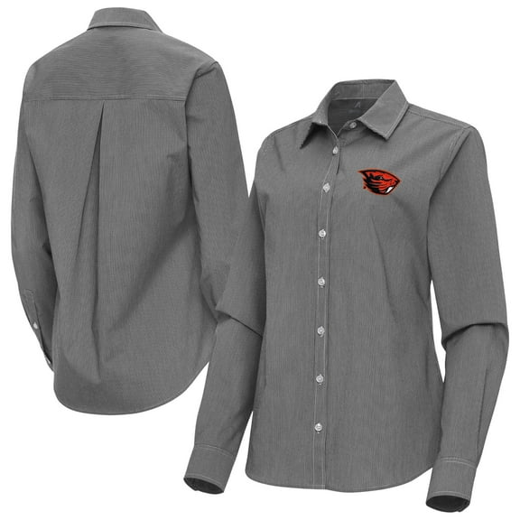 Women's Antigua Black Oregon State Beavers Porter Woven Tri-Blend Long Sleeve Button-Up Shirt