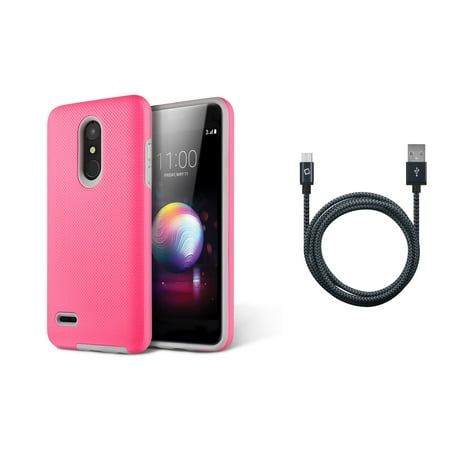 Premier Motor - Anti-Slip Textured Grip Impact Resistant Case (Hot Pink) with Heavy Duty Braided USB-A to Micro USB Cable (5 Feet / 1.5 Meters) and Atom Cloth for LG Premier Pro 4G LTE L413DL