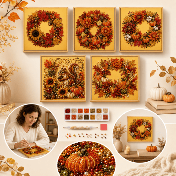 DIY Autumn Harvest Pumpkin Pearl Diamond Art Kit, Pearl Art Craft with Diamond Painting Beads, 3D Diamond Painting Pearl Beads Art Kit for Adults, Autumn Pumpkin Painting Home Decor