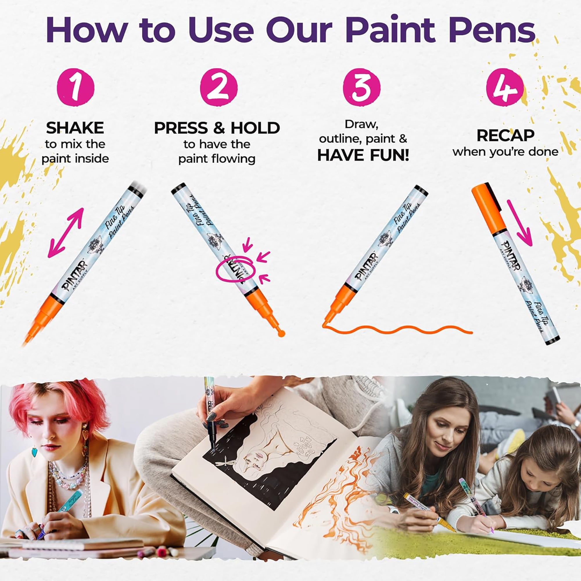 Pintar: Acrylic Paint Markers - Fine Tip 1mm, 16 Pack- Bright Opague Colors, Glossy Finish, Japanese Ink Multi-Surface Pens, Premium Art Supplies