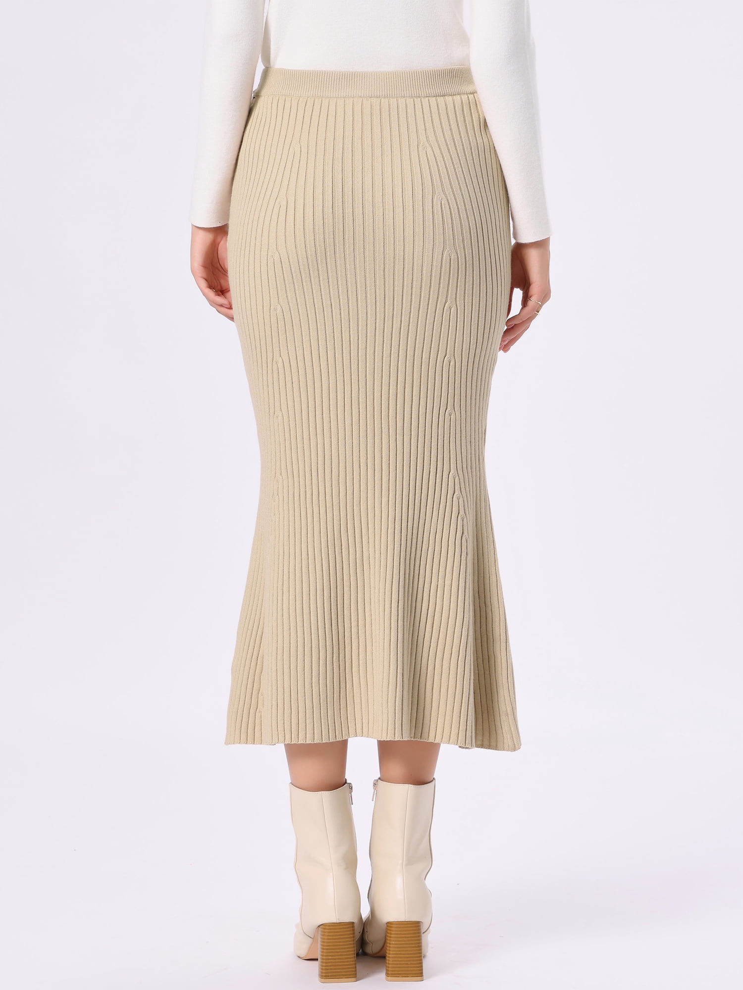 DARING DIVA Women's Knit Maxi Skirt Elastic Waist Ribbed Fishtail Skirt XS Apricot