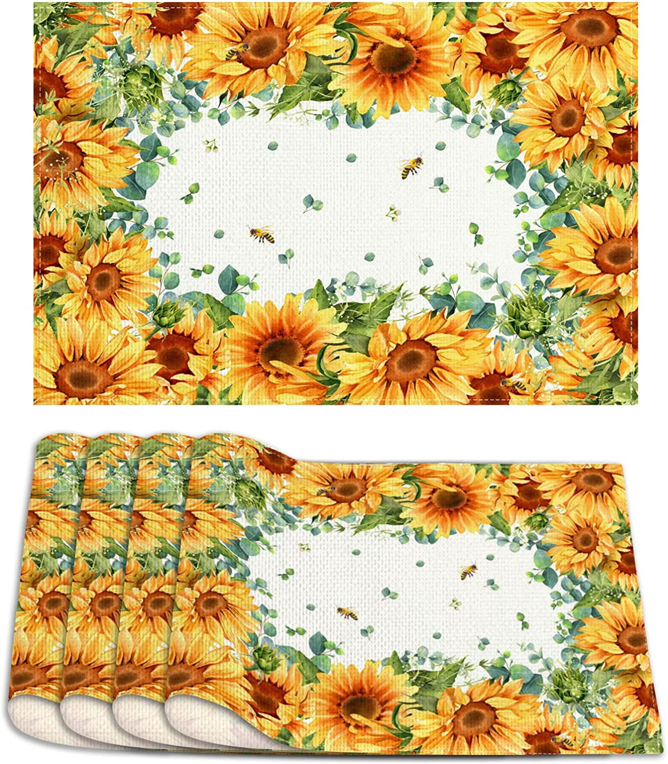 SPXUBZ Placemats, Spring Watercolor Sunflowers and Bees 18x12 Inch