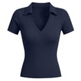thumbnail image 4 of Gaexia Women Fashionable Casual Solid Collarless Fitted Short Sleeved T Shirt Top for Daily Wear (Navy,M), 4 of 4