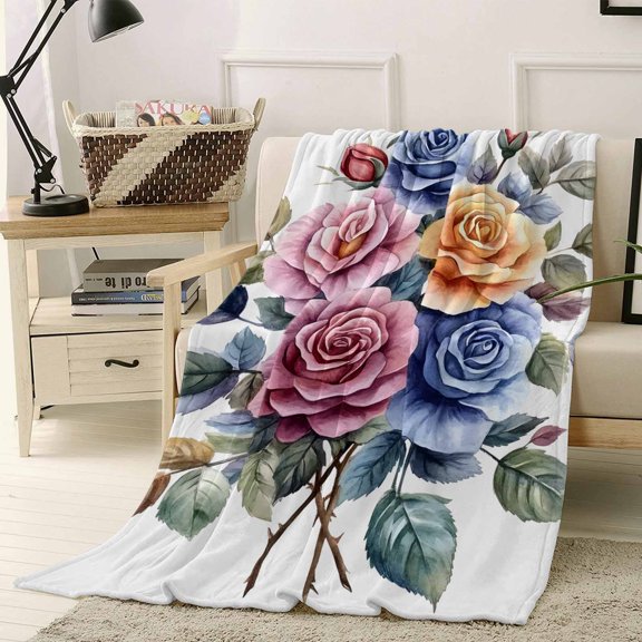 Throw Blanket Fleece Throw Blanket 30x40in, Vintage Pastoral Colorful Rose Soft Lightweight Bed Blankets Watercolor Floral Leaf Fuzzy Couch Blankets for All Season