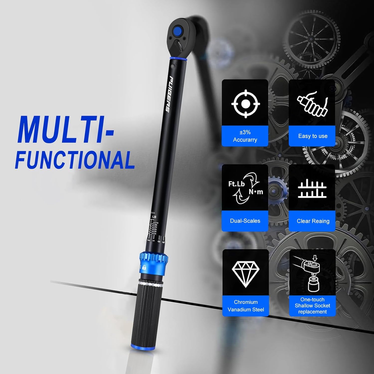 3/8 inch Drive Click Torque Wrench, Torque Wrench 3/8 Torquimetro 10-110 FT.LB/13.6-149.2 Nm, Dual-Direction Adjustable 72 Tooth Click Car Torque Wrench for Bike Moto and Car Repair
