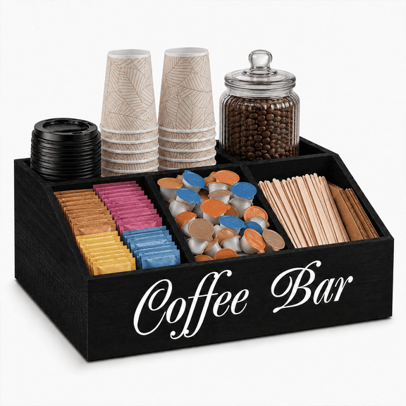 WLGJL Coffee Station Organizer for Counter, Wood Pods Holder Storage Basket, Tea Condiment Storage Organizer, Coffee Bar Decor for Accessories Organizer