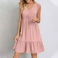 thumbnail image 3 of NXMZXB Summer Dresses for Women Trendy 2025 Vacation Short Sleeve V Neck Mini T Shirt Dress Pleated Ruffle Flowy Beach Sundresses Pink#01 XXL, 3 of 7