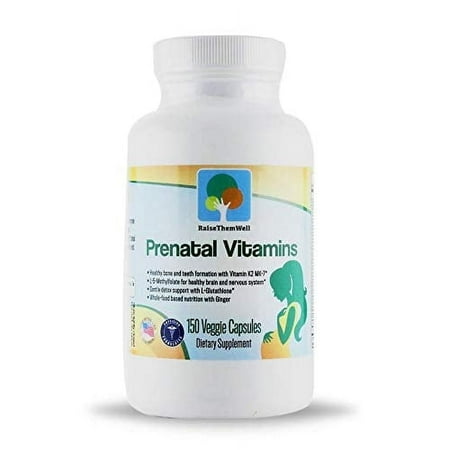 Raise Them Well Prenatal Multivitamin with Methylfolate, K2 MK-7, Glutathione & Iron, Physician Developed, Non-GMO, Supports Healthy Pregnancy, Brain & Bone Development, 150 Veggie Capsules