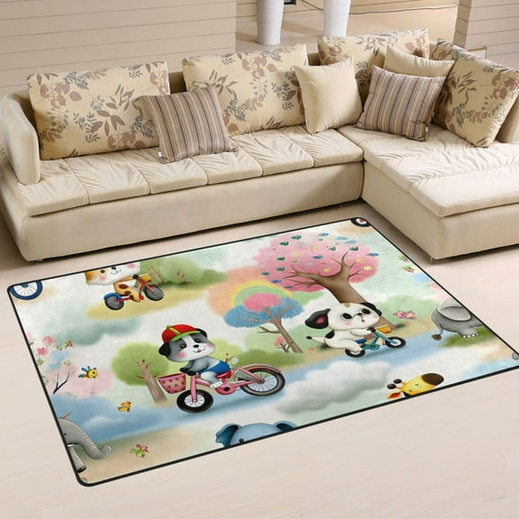 Cartoon Animals Riding Bicycle Area Floor Mats Non-Slip Rugs Soft Doormat 31 x 20 inch Carpet for Living Dining Room Bedroom Decorative