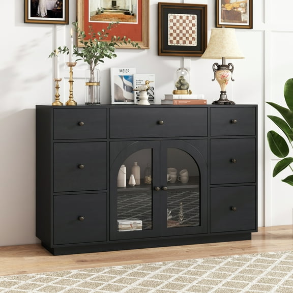 Christopher Knight Home 55.1" Large Storage Cabinet with 7 Drawers and 2 Glass Doors, Wood Frame, Black