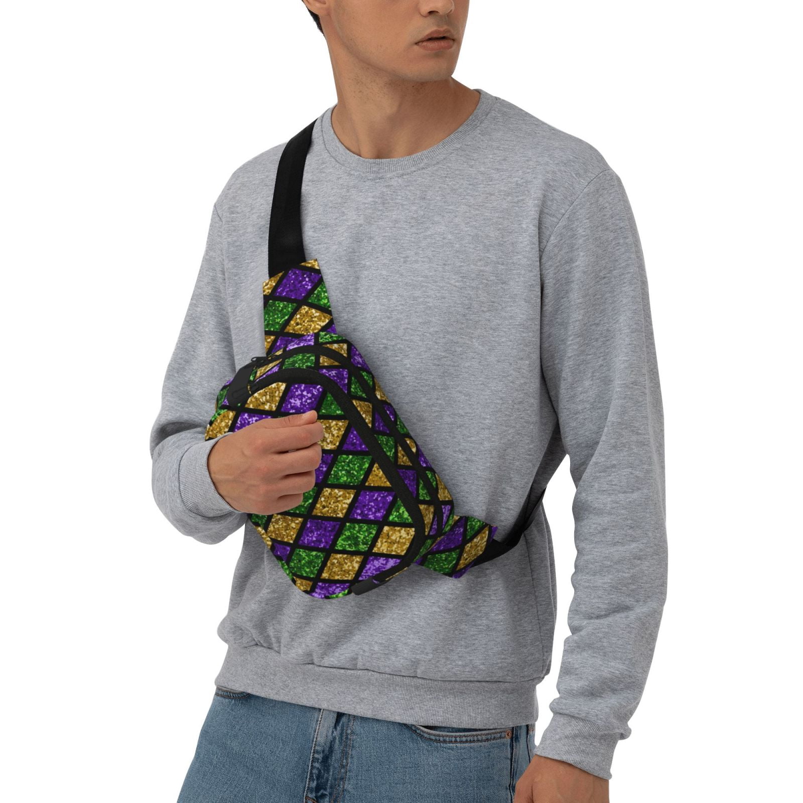 Fuzoiu Mardi Gras Shiny Green Purple Print Unisex Square Double Layer Waist Bag,Crossbody Fanny Pack Travel Workout Accessory