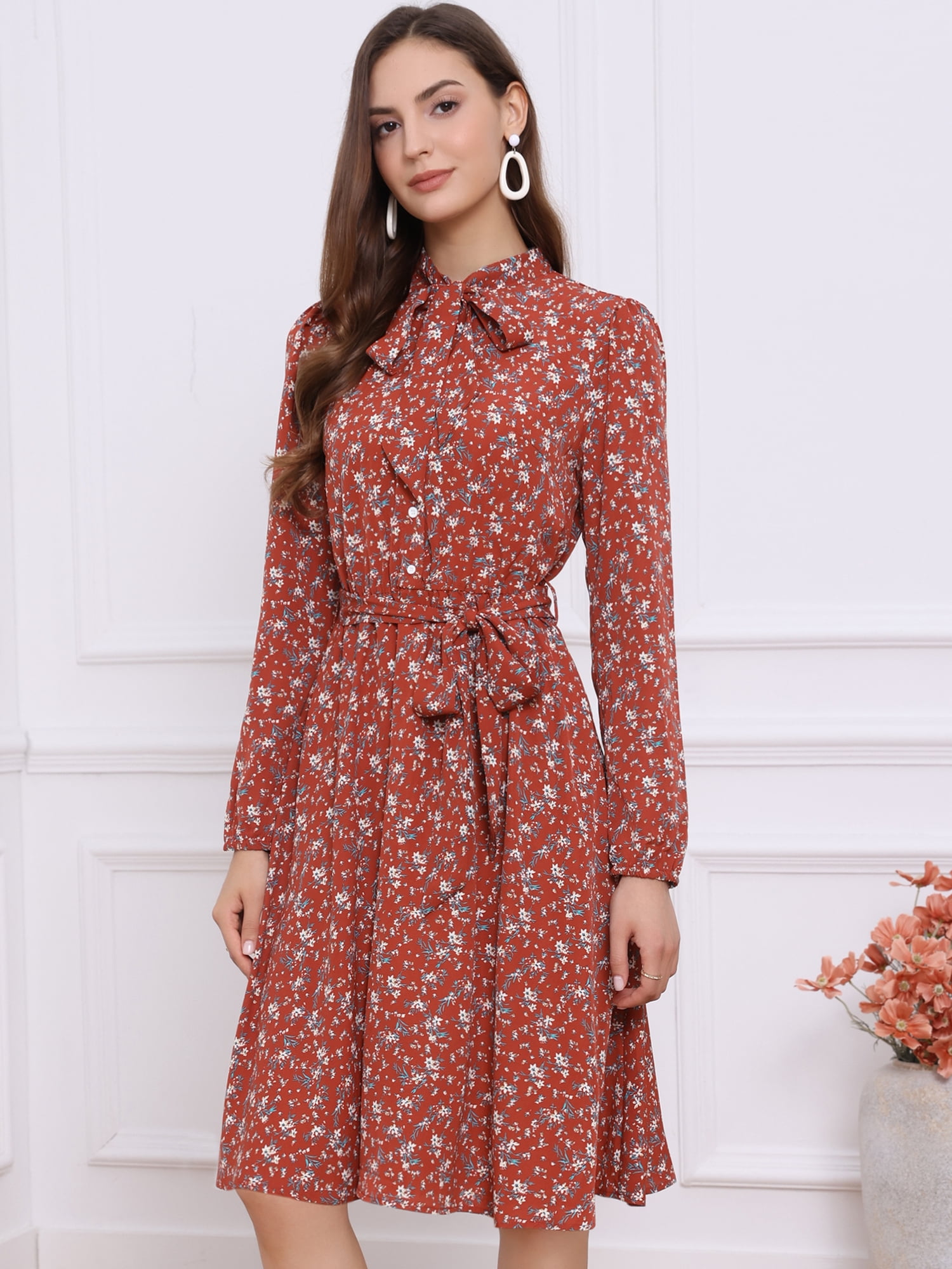 DARING DIVA Women's Tie Neck Chiffon Long Sleeve Belted Floral Dress M Red White