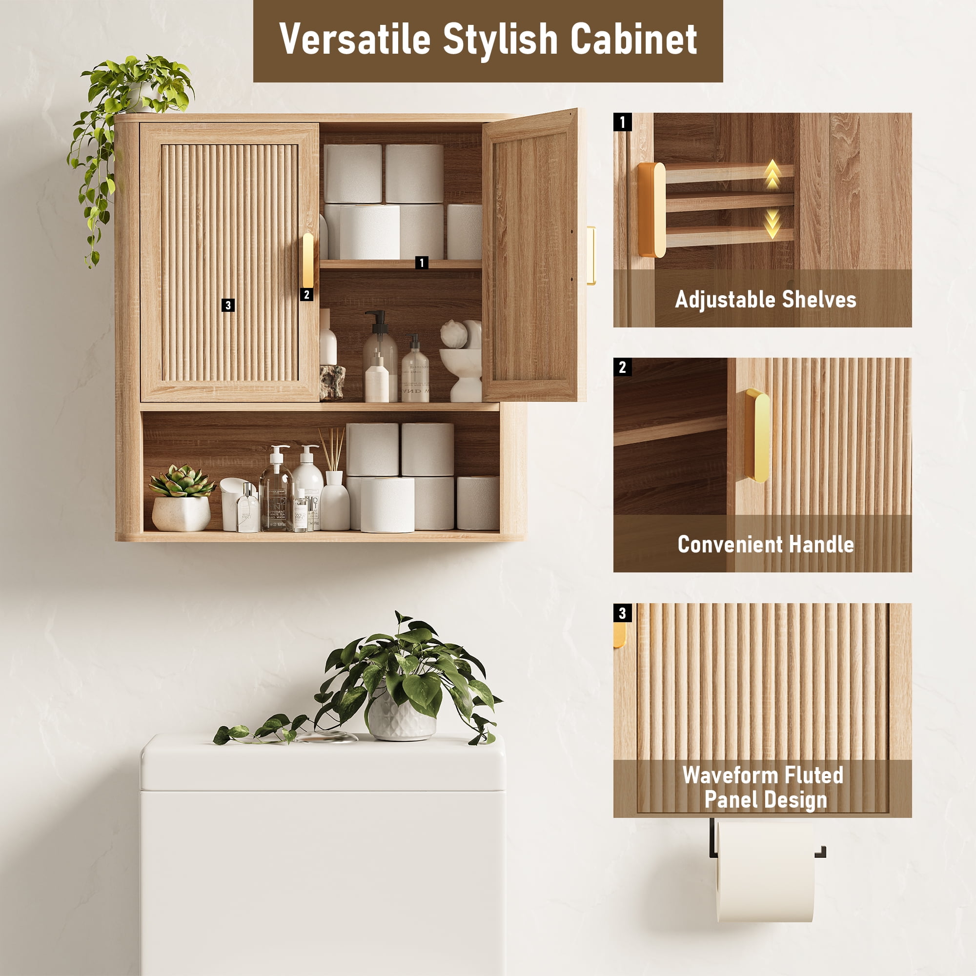 Bathroom Storage Cabinet with Adjustable Shelves, Over The Toilet Organizer for Laundry Room, Kitchen & Living Room, Medicine Cabinet with Wood Doors Natural Wood