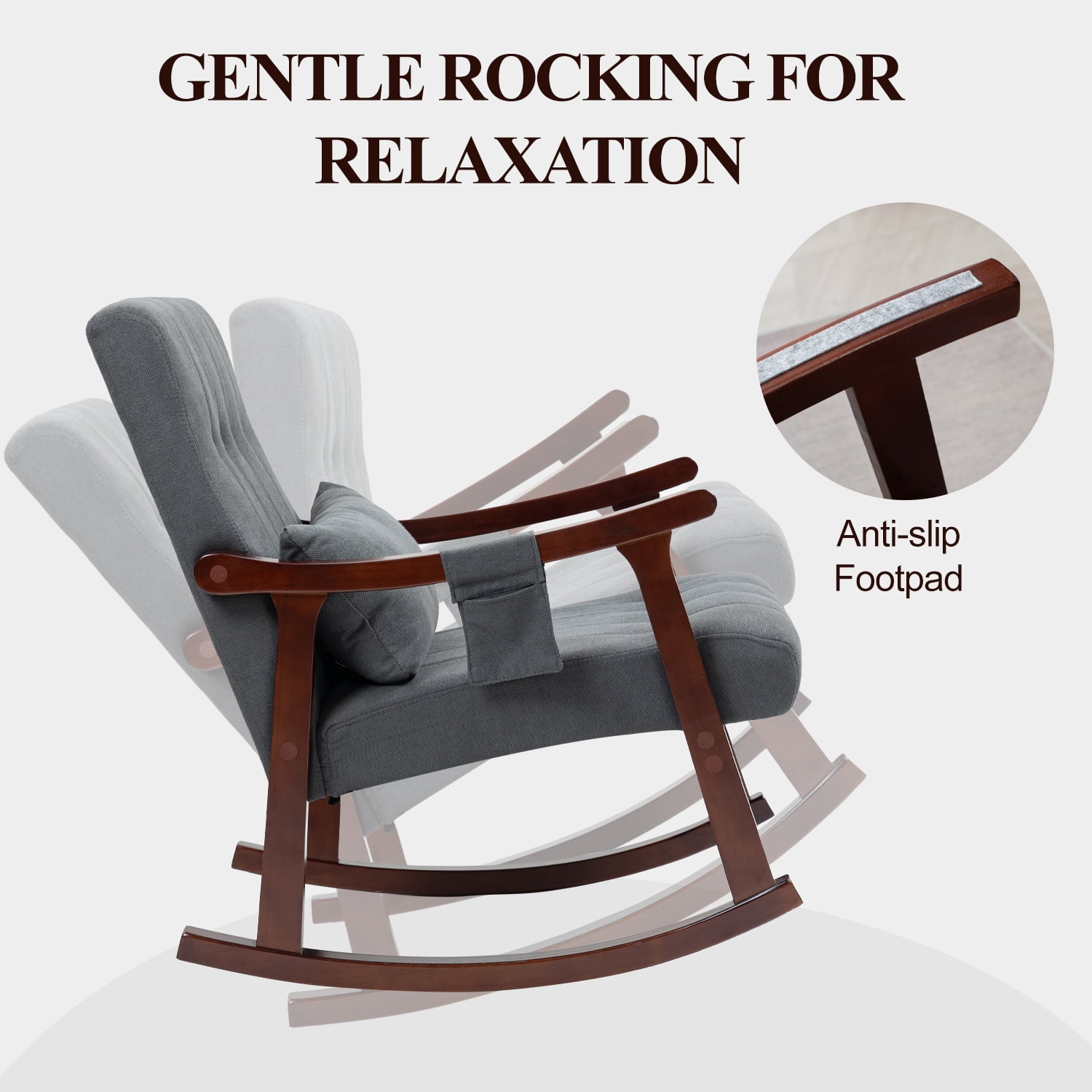 Rocking Chair with Massage Lumbar Support,Upholstered Glider Chair with Side Pocket, Nursery Rocker with High Backrest,Rubber Wood Legs, Rocking Accent Armchair for Living Room Bedroom Nursery