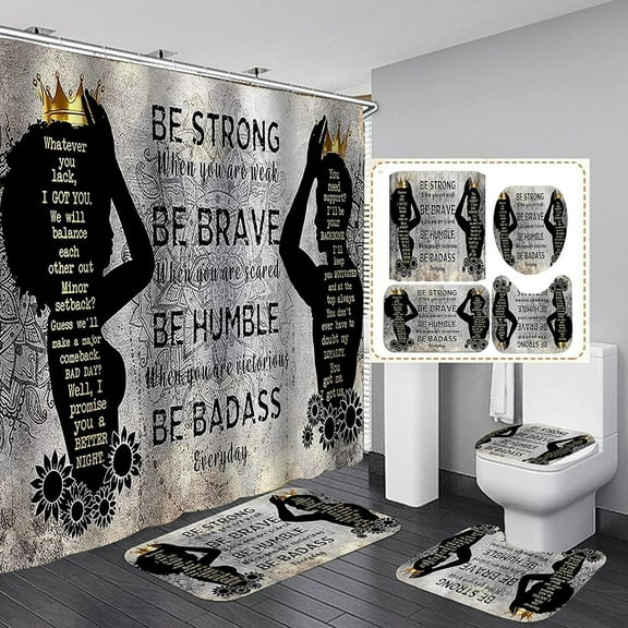 American African Shower Curtains Set, Romantic Black King and Queen Bathroom Sets with Shower Curtain, Toilet Lid Cover, Bath Mat, Waterproof Fabric Shower Curtains with Hooks for Home Decor