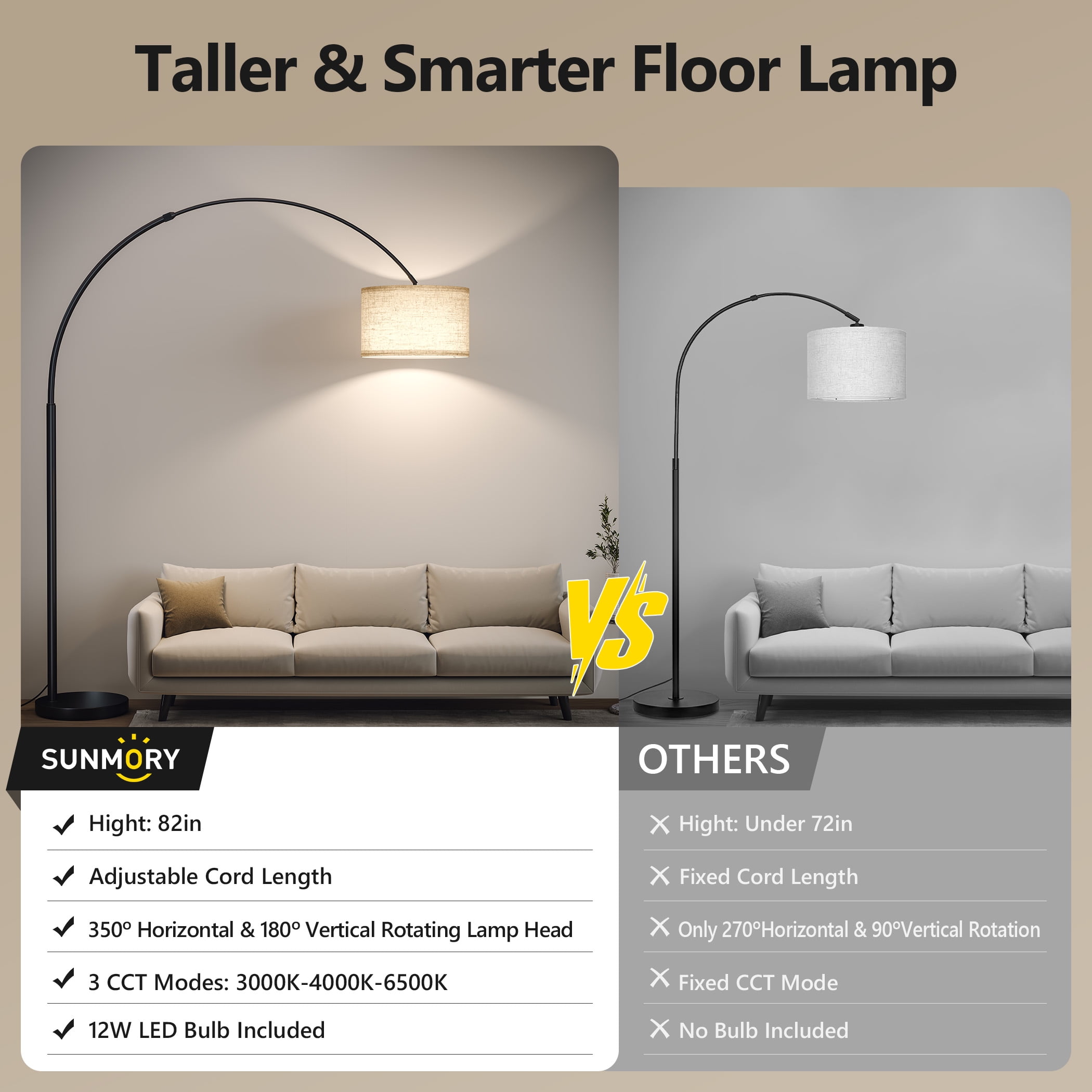 82" Tall Arc Floor Lamps for living room, large floor lamp with length adjustable, Modern curved floor lamp, Corner Lamp for Dining Room, Office, Black