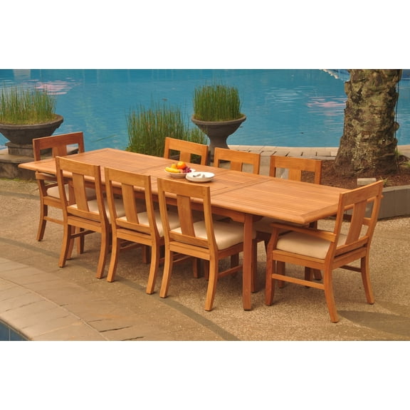 Grade-A Teak Dining Set: 8 Seater 9 Pc: 118" Double Extension Rectangle Table And 8 Osborne Arm Chairs Outdoor Patio WholesaleTeak #WMDSWVm