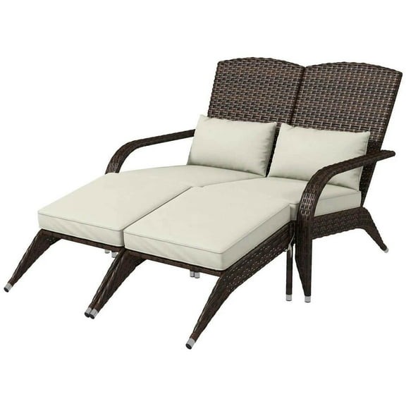 Spaco Wicker Adirondack Chair for 2 with Cushions & Footrests, PE Rattan Double Chaise Lounge Chair, Fire Pit Chair with High-Back and Wide Armrests for Outdoor, Cream White