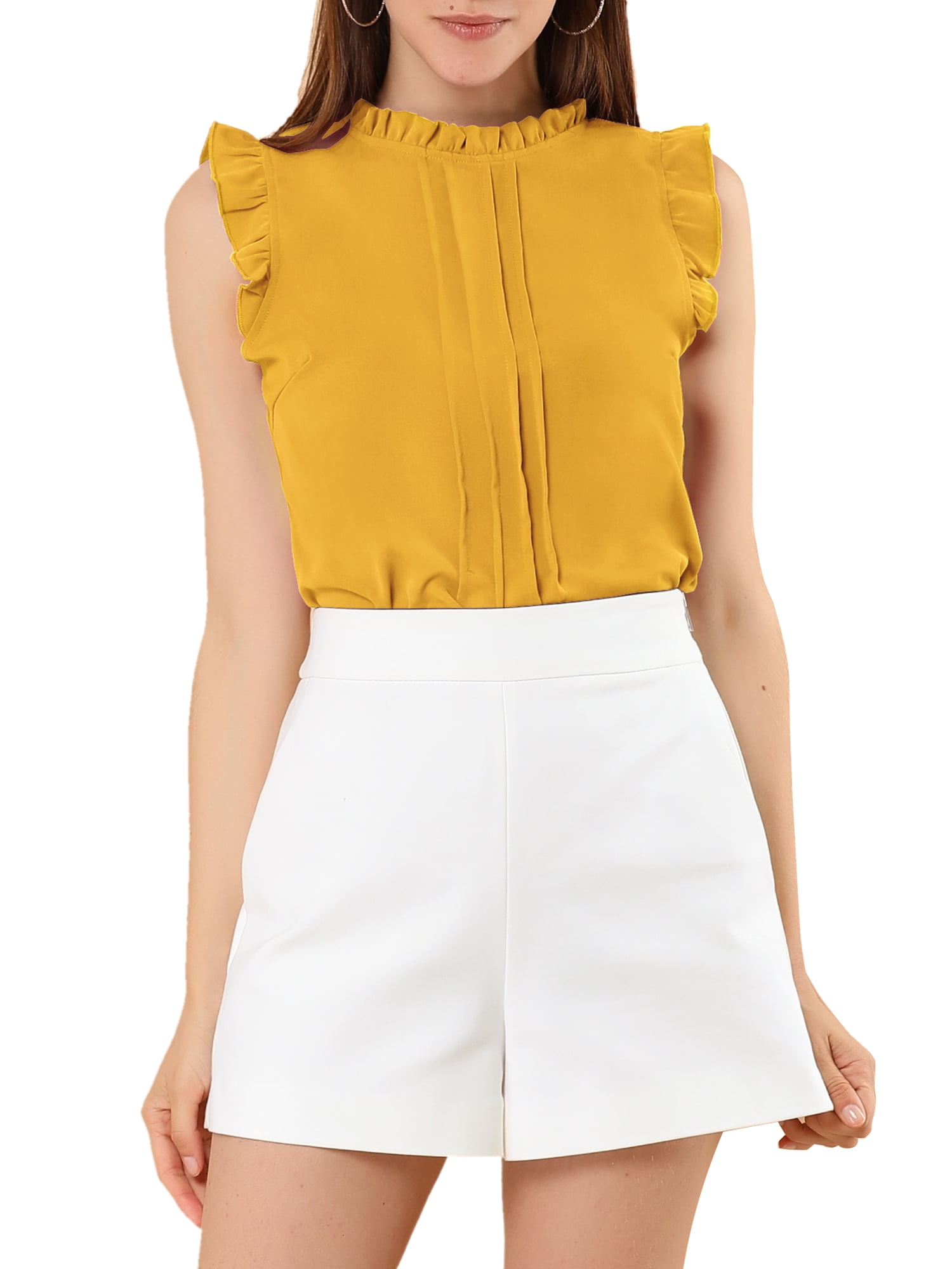 DARING DIVA Women's Ruffled Trim Pleated Plain Blouse Top S Yellow