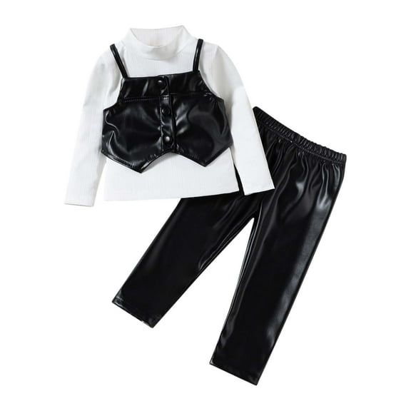 Odeerbi 2-7 Years Toddler Girls Outfits Long Sleeve Shirt Leather Pants Leather Camisole Waistcoat Three-piece Set High Neck Solid Color Casual Loungewear Toddler Girls Clothes