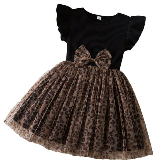 WOYY Toddler Girls Leopard Tutu Dress Bow Mesh Dress with Flutter Sleeves, Sizes 2-7