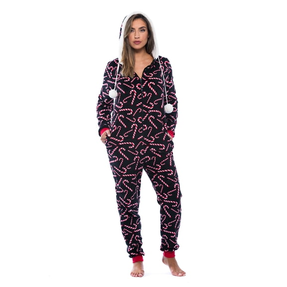 Just Love Adult Christmas Print Bodysuit with Pom Pom Festive Holiday Sleepwear (Black - Candy Cane, X-Small)