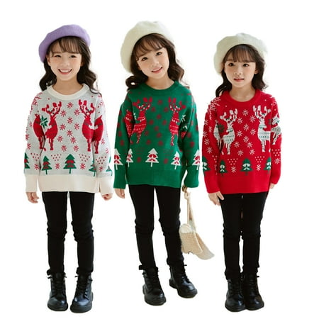 

WOLLED 2-10Y Girls Boys Christmas Cartoon Sweater Toddler Pullover Sweater Kids Xmas Blouse Skin-Friendly Knit Sweater with Elk Jacquard for Spring Winter